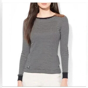 LAUREN by RALPH LAUREN Gray & White Striped Brown Elbow Patch Top XL Women’s